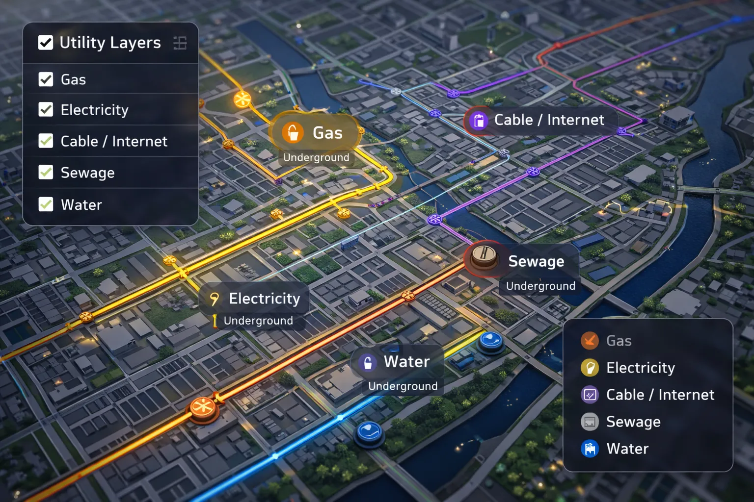 Power and utility infrastructure lines on a live map
