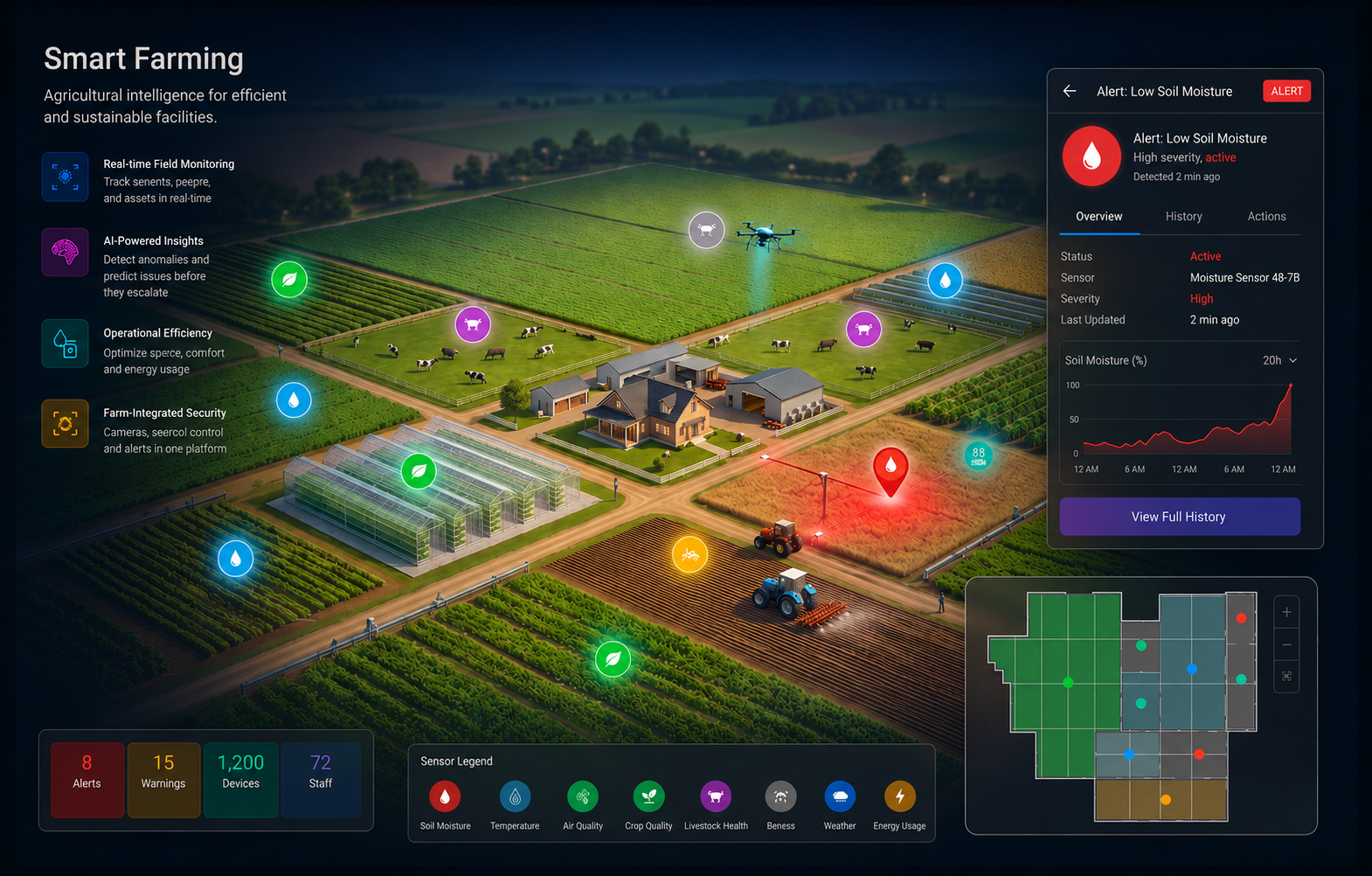 Smart farm field map with real-time sensor overlays, drone imagery, and crop health indicators