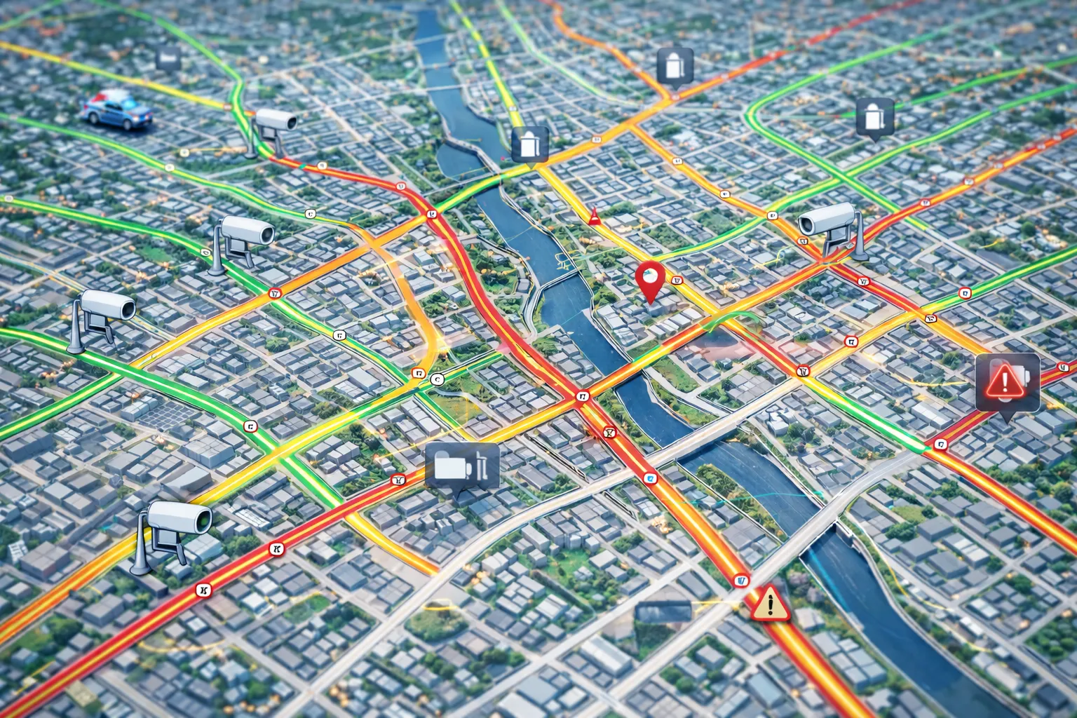 City street network on a live map with camera and incident markers